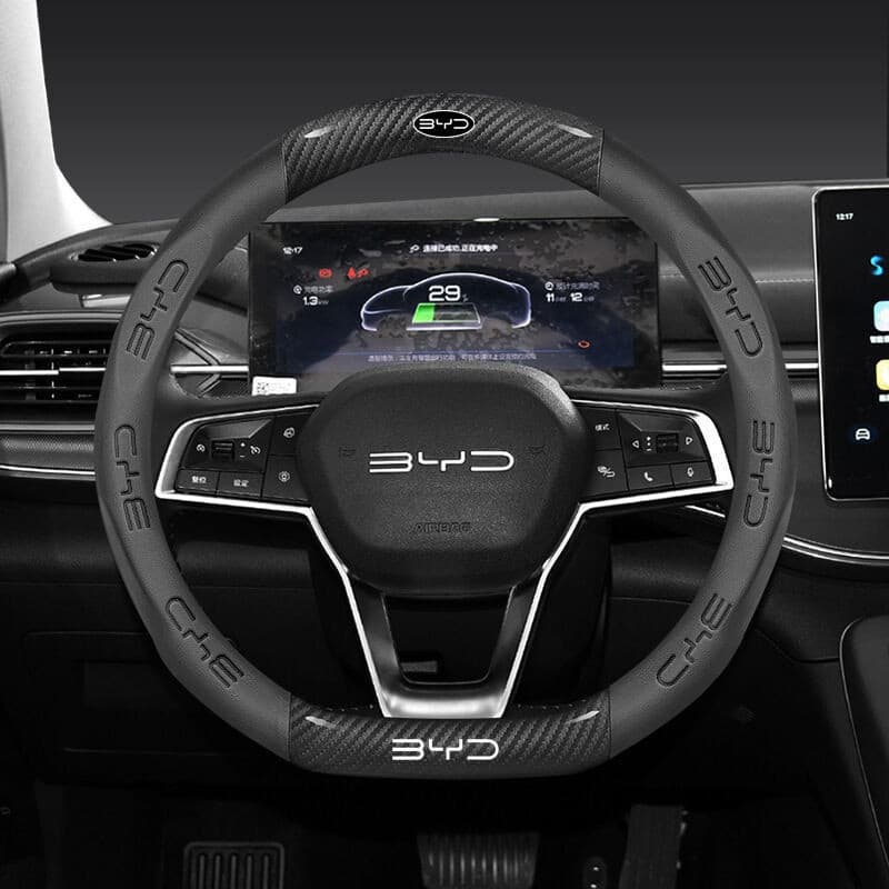 Capa de volante em couro 6D e fibra de carbono para BYD Atto 3, Yuan Plus, Seal Han EV, tamanho 38 cm.