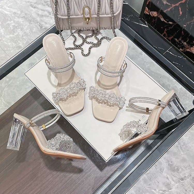 Verão novo estilo sandálias femininas de salto médio salto cristal salto alto salto grosso dois Wear Flip-Flops strass s