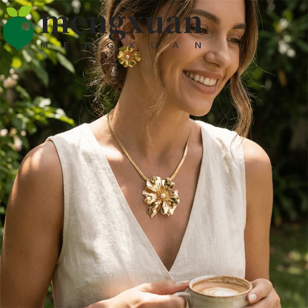 MENGXUAN1 Colar De Osso De Cobra , Conjunto De Joias Elegantes De Strass De Metal , Brincos De Imitação De Flor De Pérol