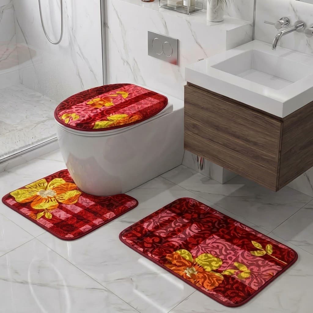 Kit Jogo Banheiro 3 Peças Floral Antiderrapante Lavável