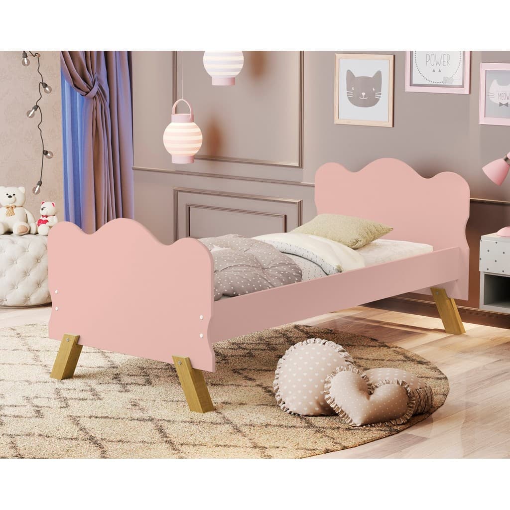 Cama Infantil MDF Com Grade De Proteção E Pés De Madeira