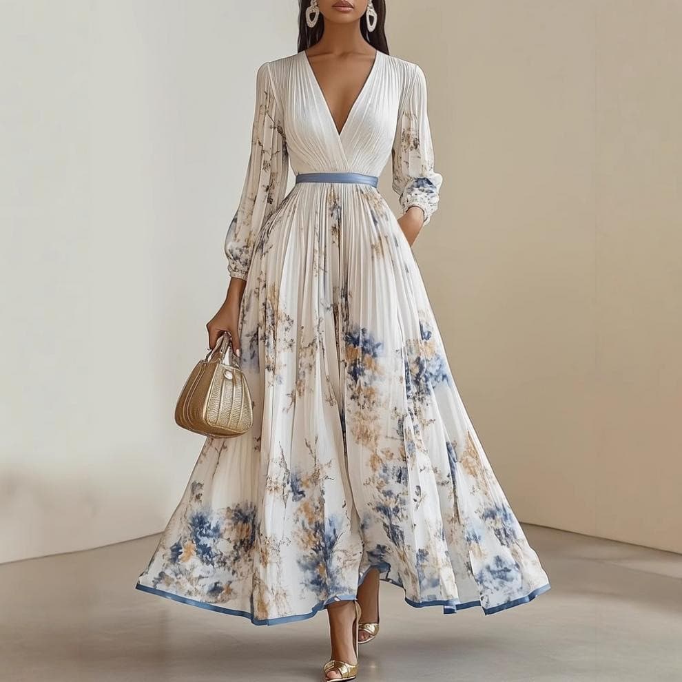 Vestido Feminino Estilo Francês Elegante Estampado Plissado Evasê para o Verão 2026, Moda Europeia e Americana Transfron