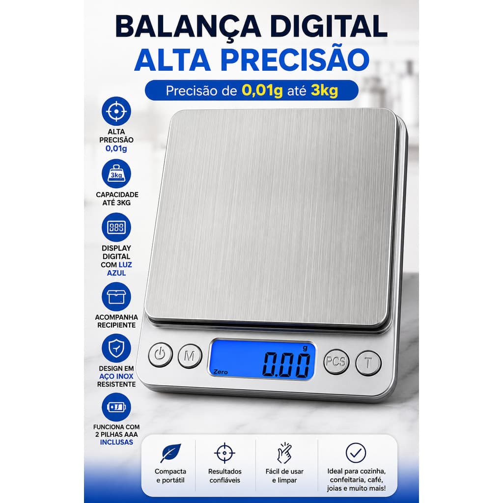 Balança Digital Cozinha Alta Precisão 0,01g Até 3kg Display LCD