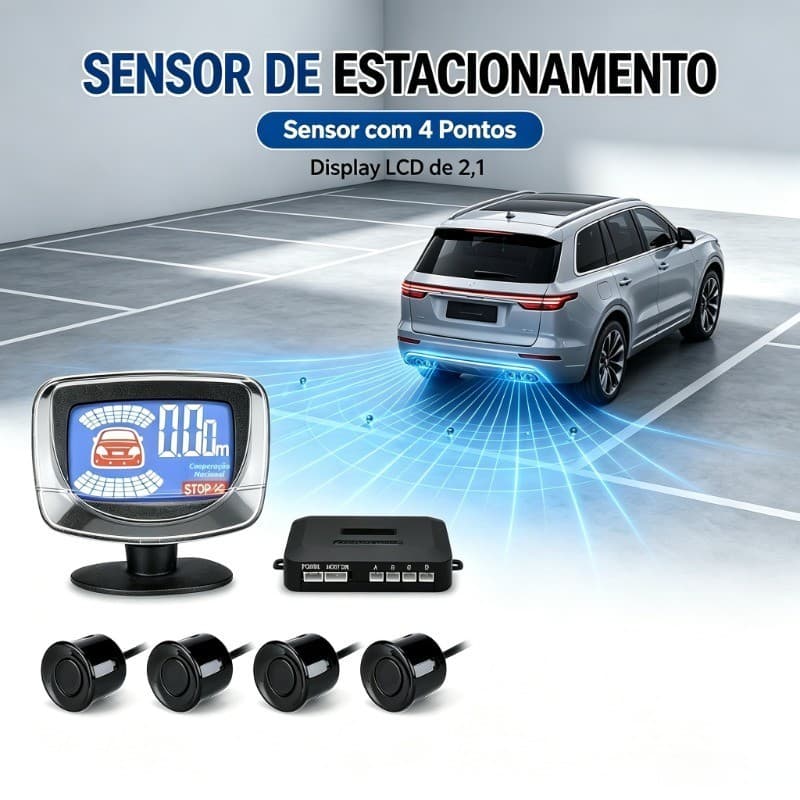 Kit Sensor de Estacionamento para Carro 4 Sensores Display LCD 2.1" e Alerta Sonoro Resistente a Chuva Fácil Instalação