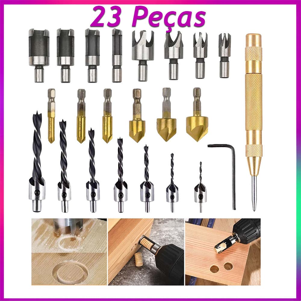 Jogo com 23 Brocas Escareadoras Lorben Chanfrar Madeira Alumínio Brocas e Gabarito Angular Furo Chanfrado Madeira