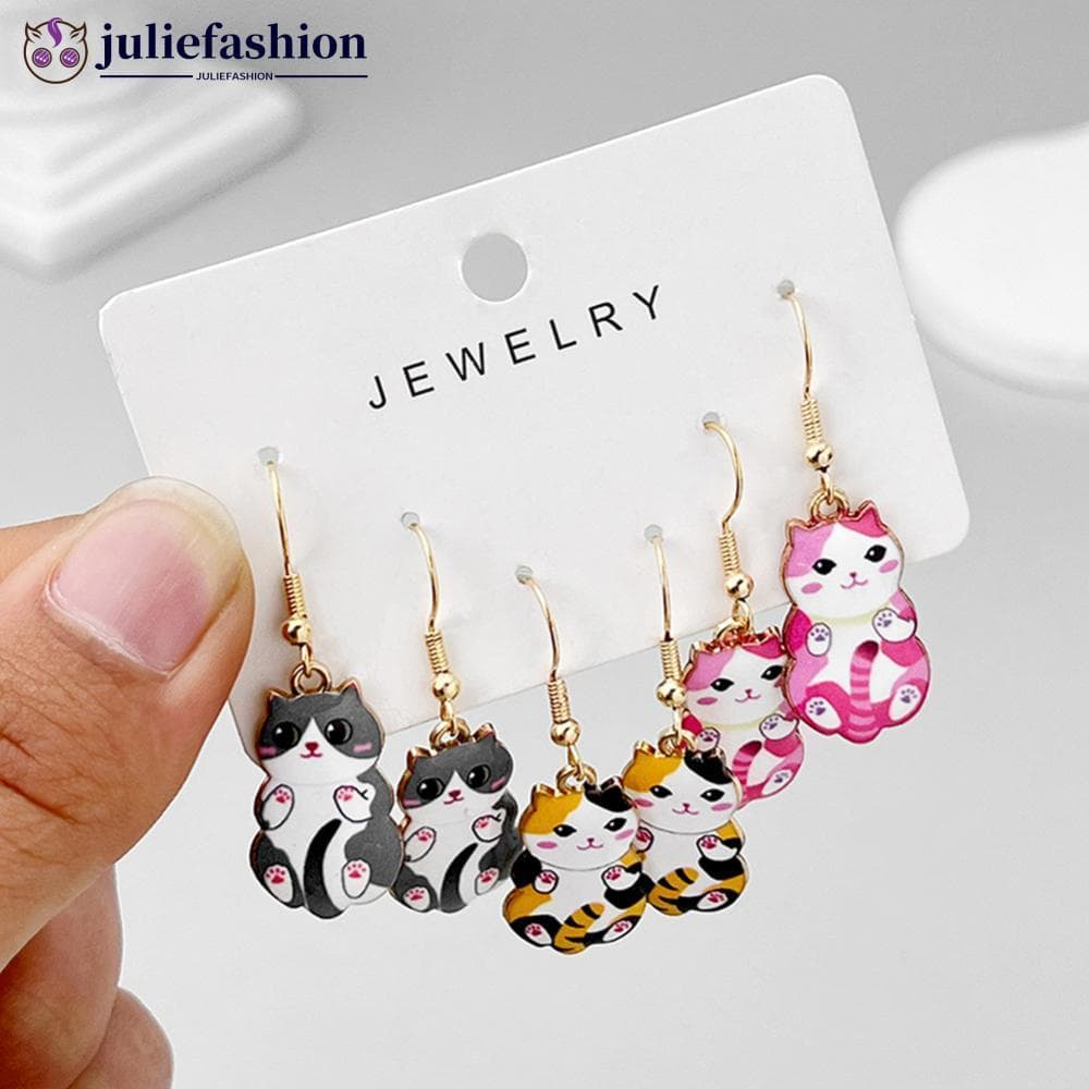 JULIEFASHION 3 Pares De Brincos Esmaltados De Gato Liga Pintura A Óleo Orelha De Desenho Animado Para Mulheres Meninas M