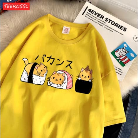 Camisa Gatos Sushi Kawwai Cute Verão Korean Style Cats Harakuju Vintage Cartoon