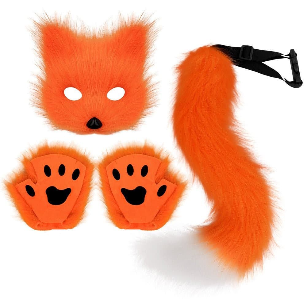 Conjunto de Fantasia de Halloween Máscara de Raposa Realista Luvas Cauda de Raposa de Pelúcia Cauda de Animal Feita à Mã