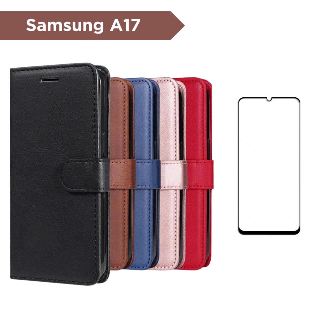 Kit Capa Carteira P/ Samsung Galaxy A17 - Couro Sintético Case Capinha e Película 3D Vidro/Hidrogel