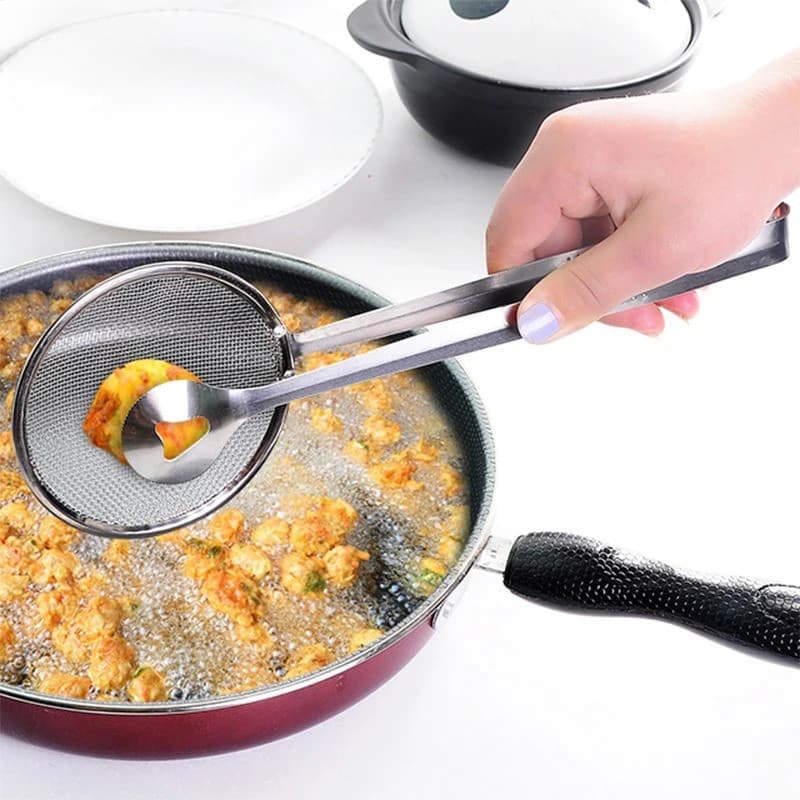Pegador Escumadeira Aço Inox Com Pinça Peneira Para Frituras