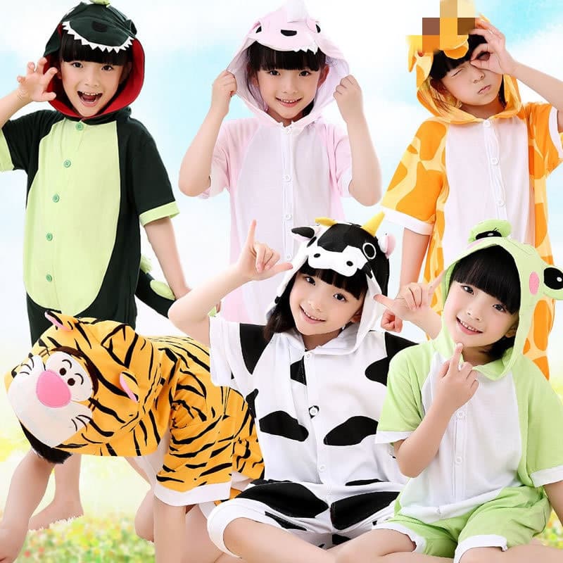 Pijama Infantil de Verão com Estampa de Dinossauro, Manga Curta, 100% Algodão, Estilo Fofo de Tigre, Roupas para Pais e