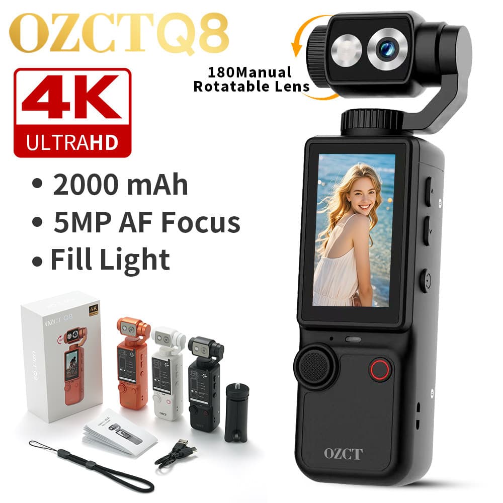 Nova câmera esportiva portátil de alta definição 4K, foco automático, câmera portátil com lente rotativa