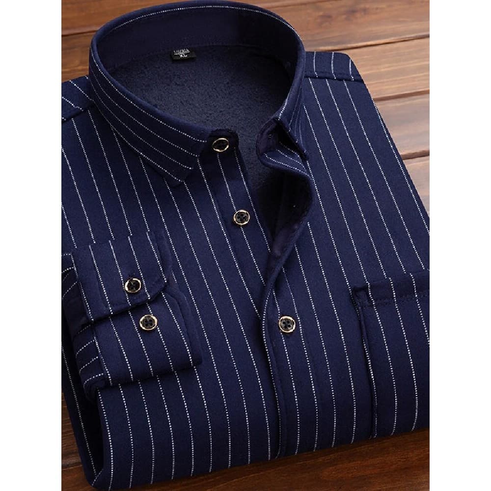 Camisa quente masculina forro de lã engrossado camisa de manga comprida de meia-idade pai idoso xadrez impresso listrado
