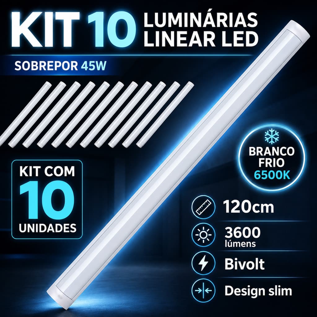 Kit 10 Luminária Linear LED Sobrepor 45w Branco Frio