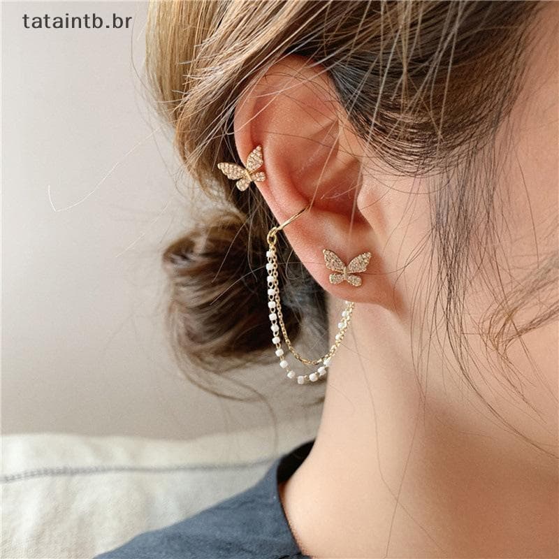 [TaTa] Brincos Femininos Vintage Assimétricos De Borboleta , Corrente De Pérola , Joias Para Mulheres , Presente De Fest