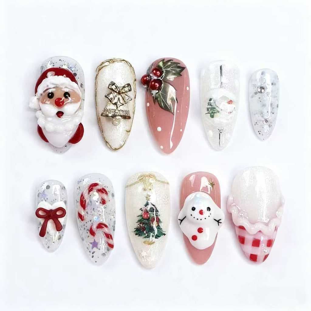 24 peças natal dourado novo estilo tridimensional amêndoa Wearable unhas Santa arco Manicure unhas