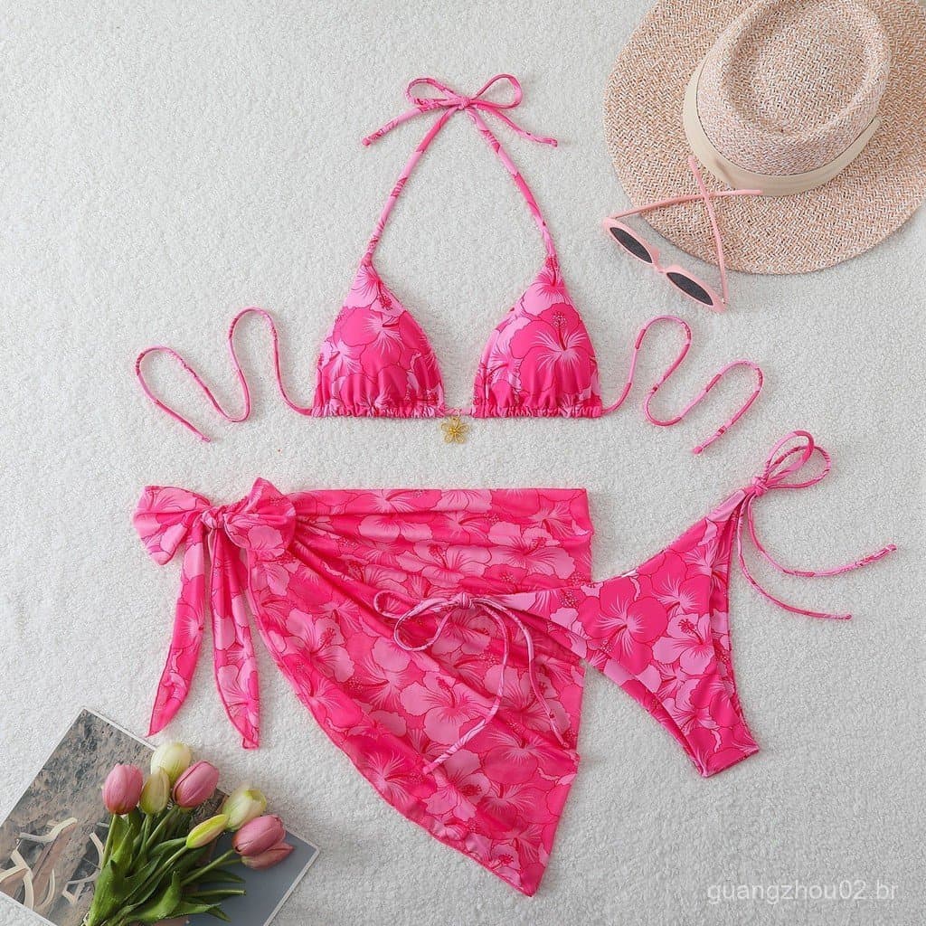 Biquíni feminino de duas peças com decote halter e amarras, conjunto de três peças estilo praia sem costas DHFF