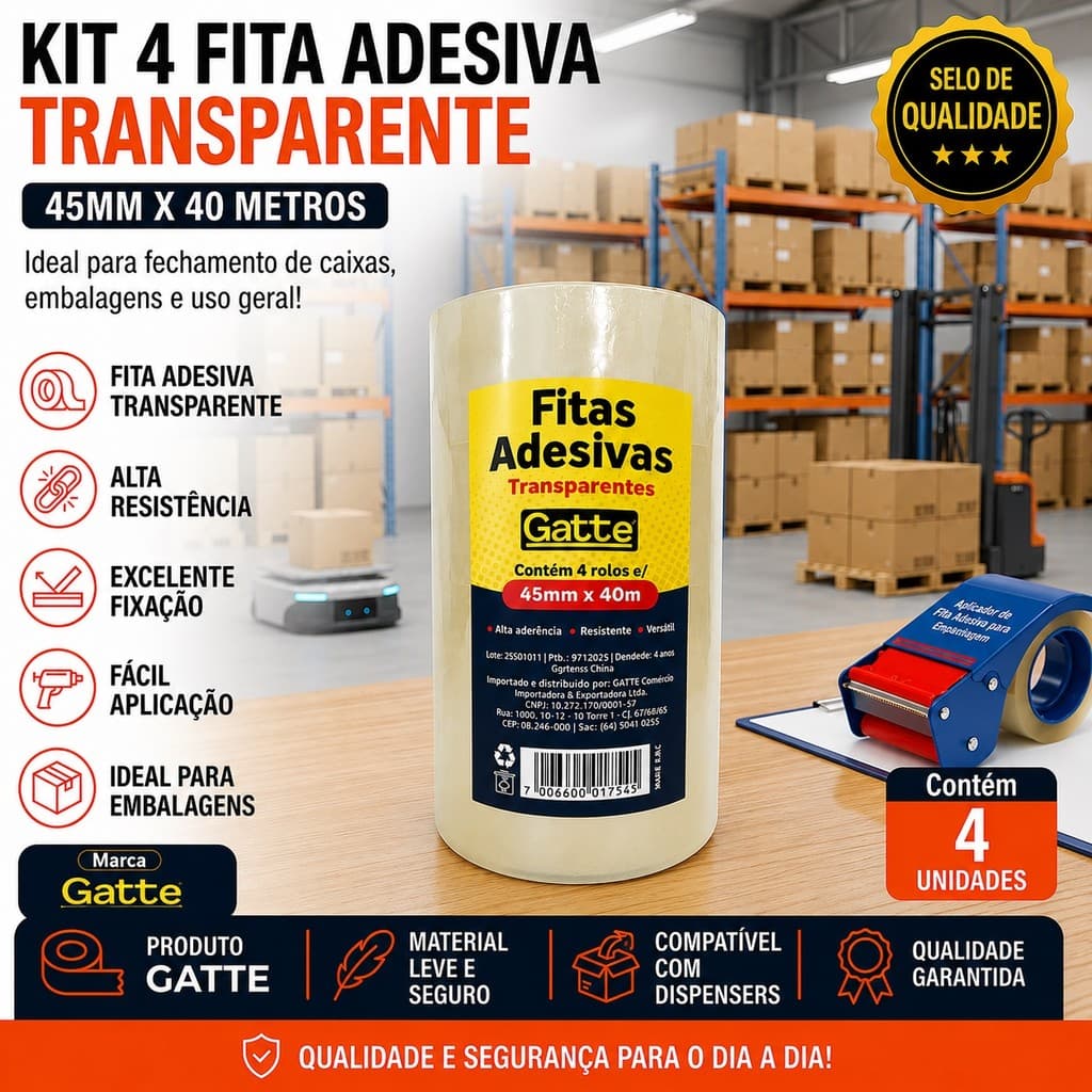 kit 4 Fita Adesiva Transparente 45mm x 40 metros Alta Resistência e Excelente Fixação Gatte