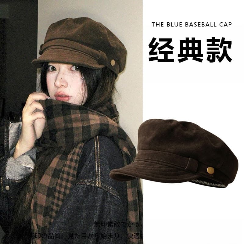 Merad retro camurça retro octogonal chapéu feminino 2025 novo estilo grande circunferência da cabeça Newsboy pintor boin
