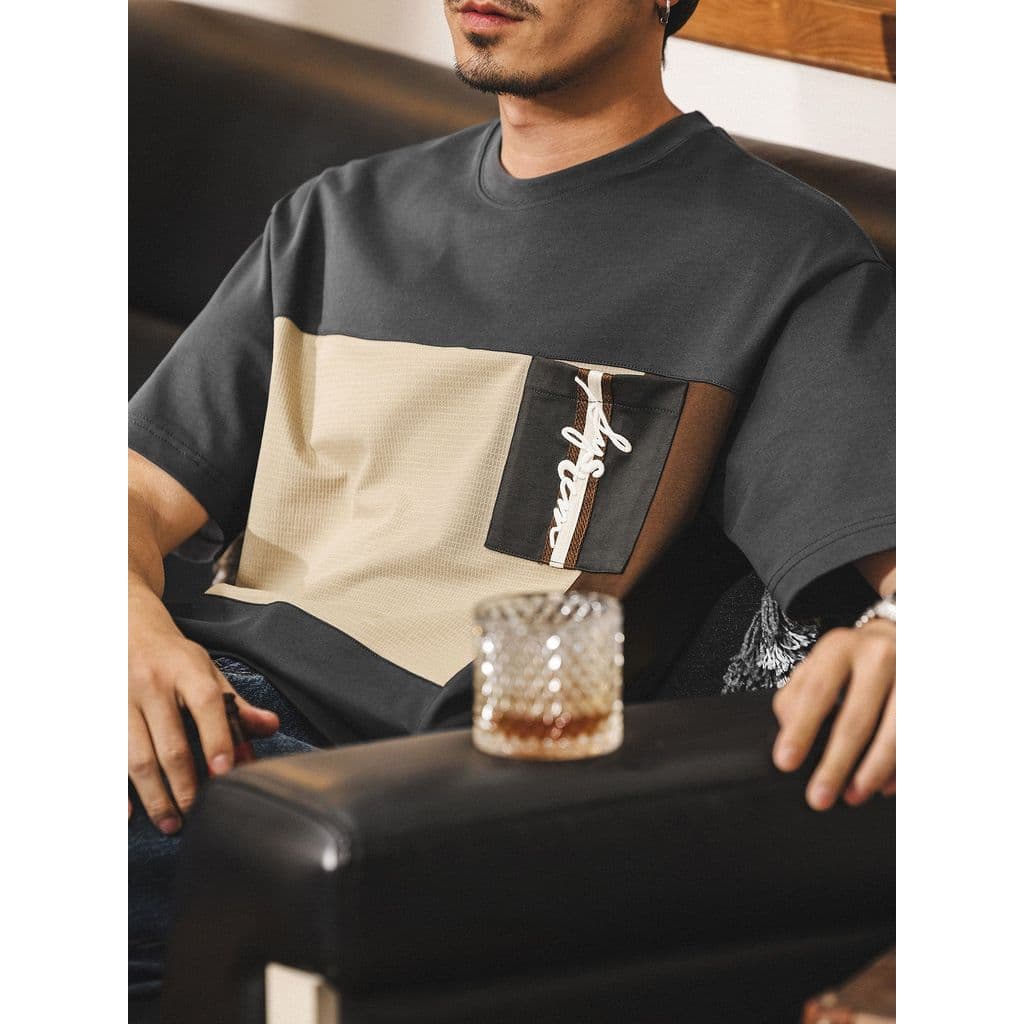 Retro 300g americano de manga curta camiseta masculina verão na moda contraste cor costura solta topo