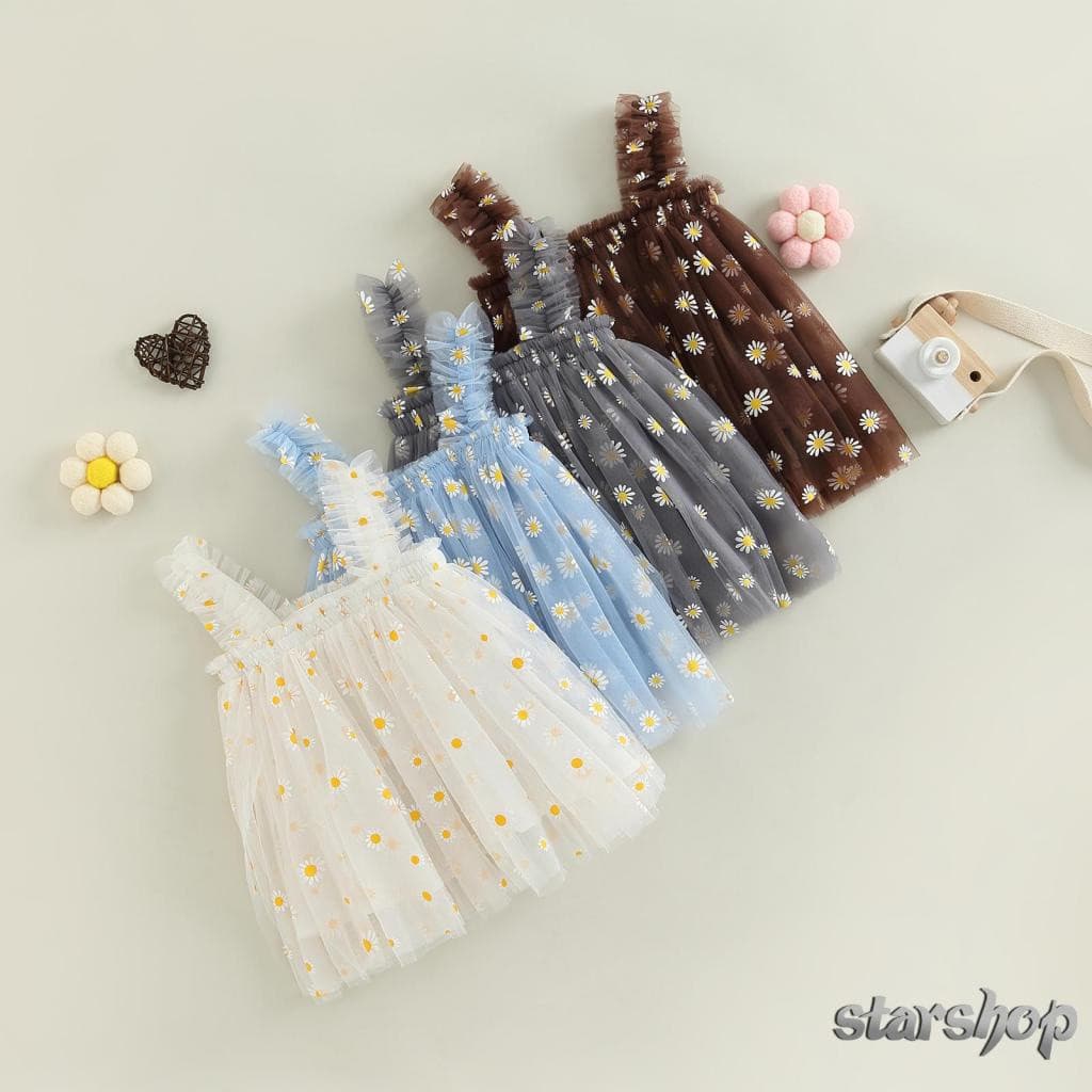 Starshop-Toddler Vestido De Verão Para Meninas Margarida Sem Mangas Impressão Linha A Tulle Princess Dress