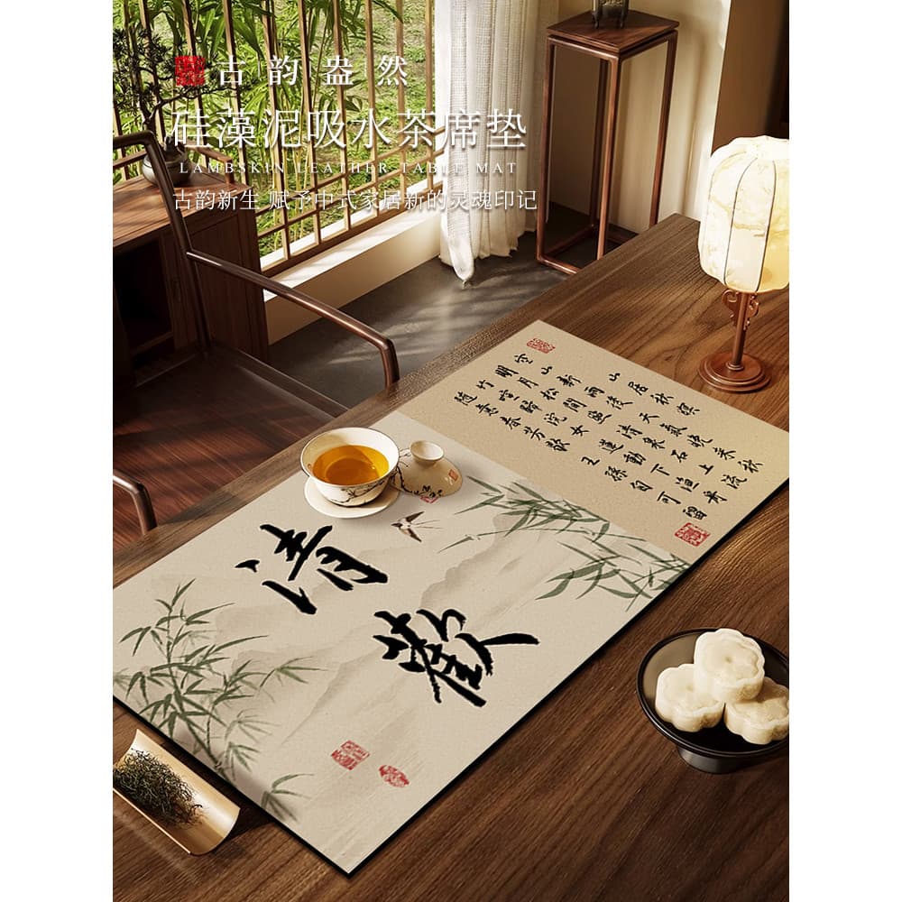 Tapete de chá pequeno Zen estilo chinês para uma pessoa Absorção de água Lama de diatomáceas Antiderrapante Porta-copos