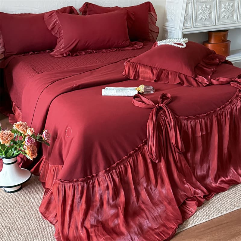 Colcha de verão Tencel lavada para meninas de alta qualidade Conjunto de quatro peças de seda gelada vinho vermelho ar c