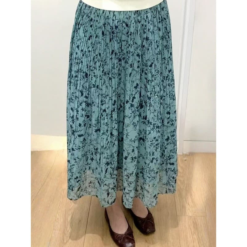 Japonês único feminino cintura alta Chiffon Floral A linha saia plissada saia longa cintura elástica olhar mais magro472