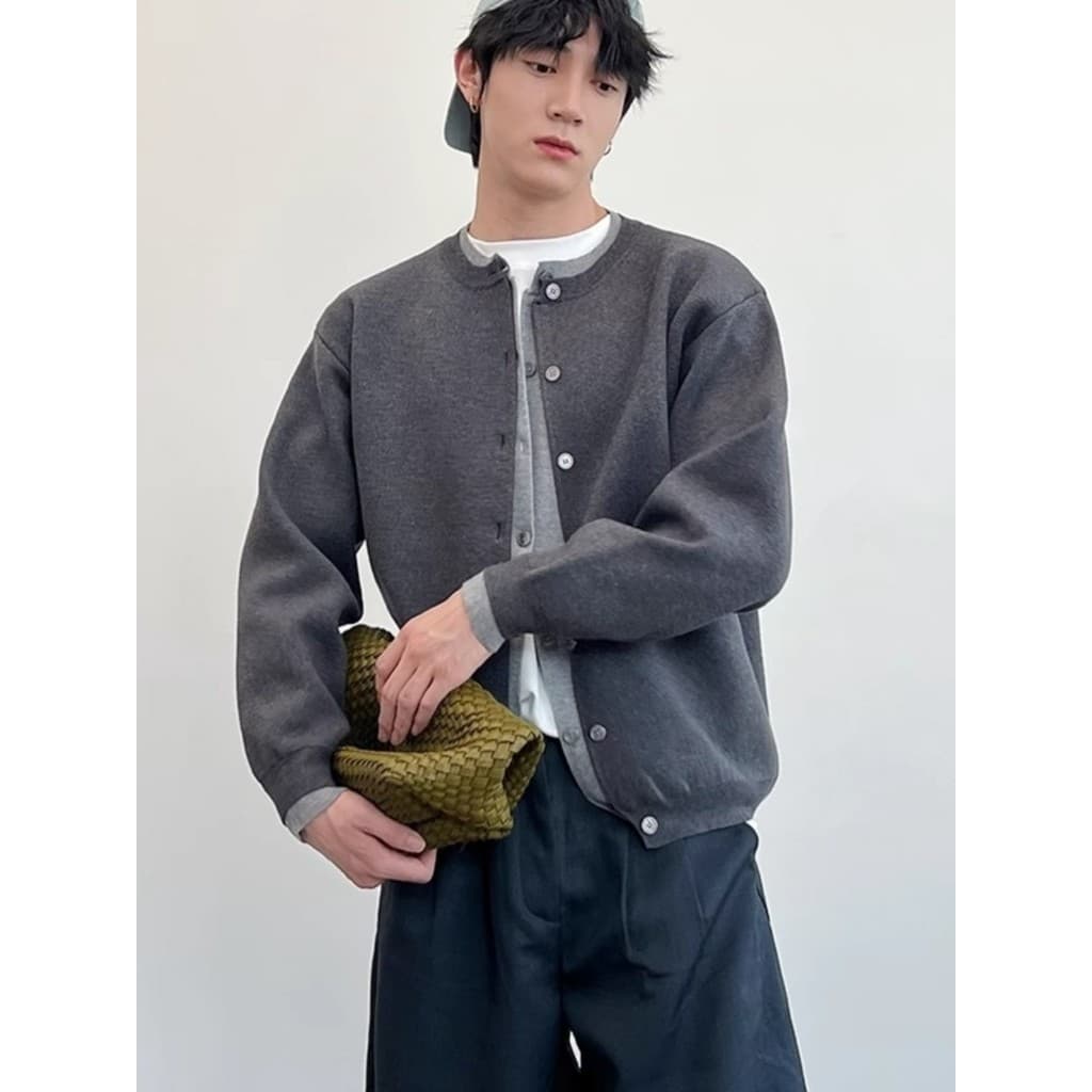 Outono inverno masculino novo simples em torno do pescoço camisola de malha jaqueta Casual falso Cardigan de duas peças