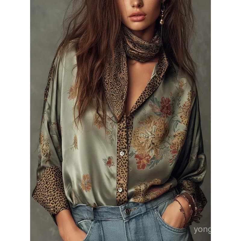 Blusa Solta com Estampa Floral Retrô para Mulheres, Detalhes em Leopardo, Gola com Lapela, Botões, Manga Longa, Camisa d