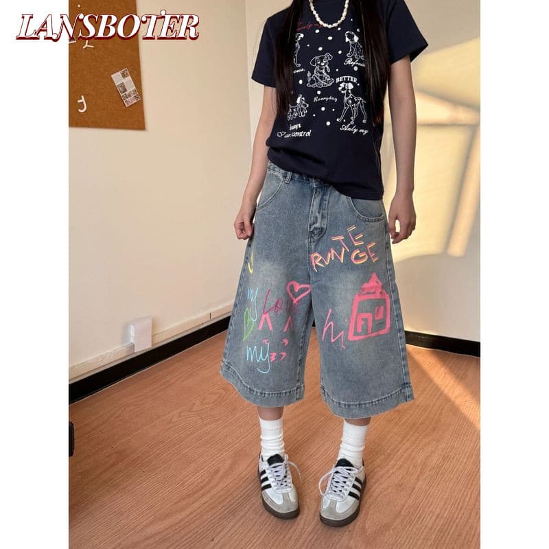 Calça jeans Masculina E Feminina Retrô De Rua De Alta Qualidade Com Estampa De Sete Quartos