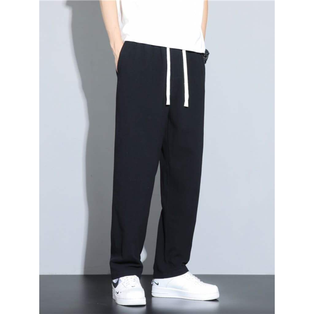 High-End cor sólida calças de linho masculino verão solto em linha reta perna larga Drape sentir esfregar calças de algo