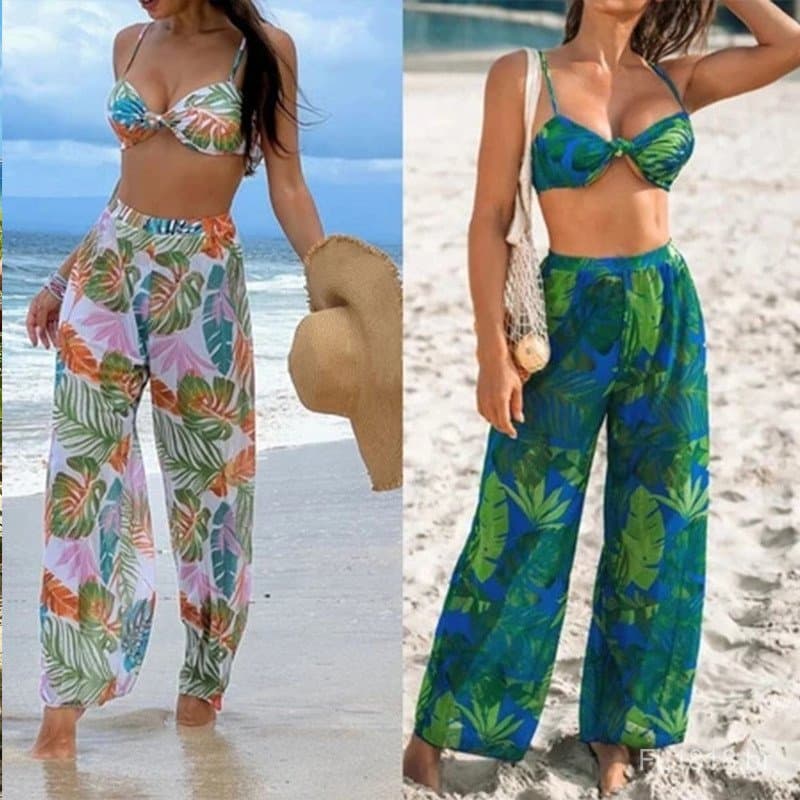 Conjunto de Biquíni de 3 Peças com Fenda Alta e Estampa Tropical e Saída de Praia Ideal para Praia e Verão