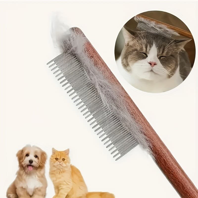 Adequado para cães e gatos Pente confortável com cabo de madeira - Dentes de aço inoxidável, adequados para cabelos long