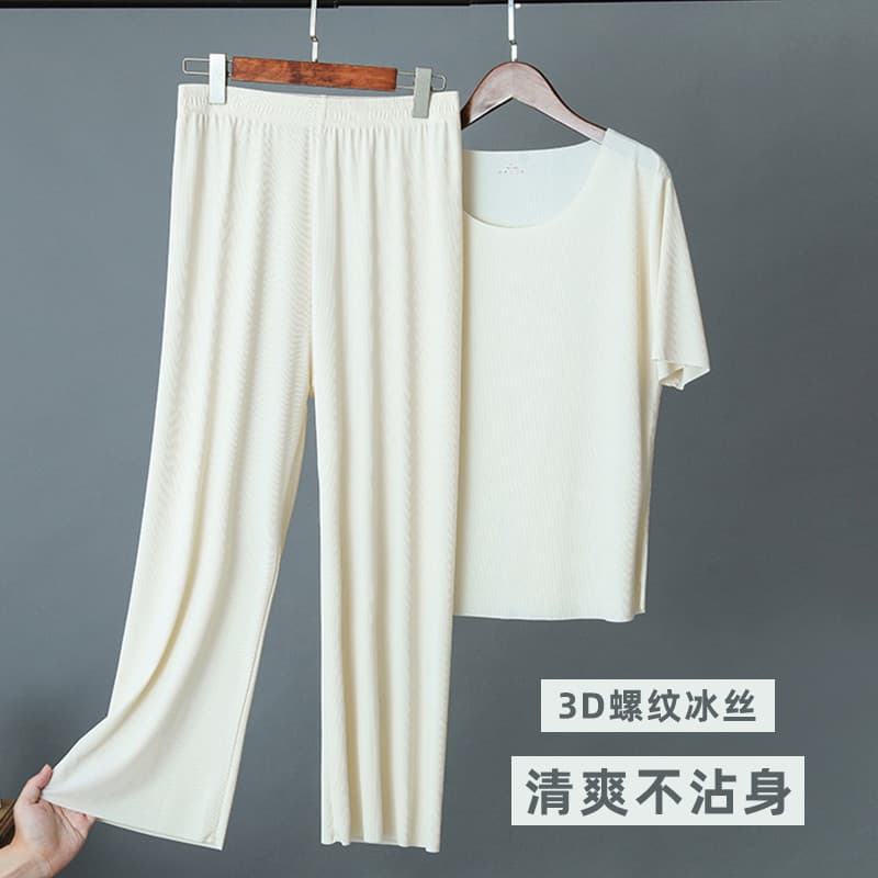 Pijamas de seda gelo com rosca feminino calças de manga curta simples solto mãe Homewear conjunto de duas peças legal Br
