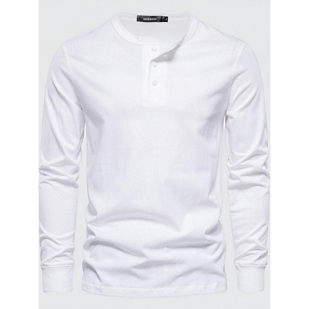 Camiseta masculina com gola redonda, camisa henry de manga comprida, verde militar, algodão puro, pesado, americano, Sli