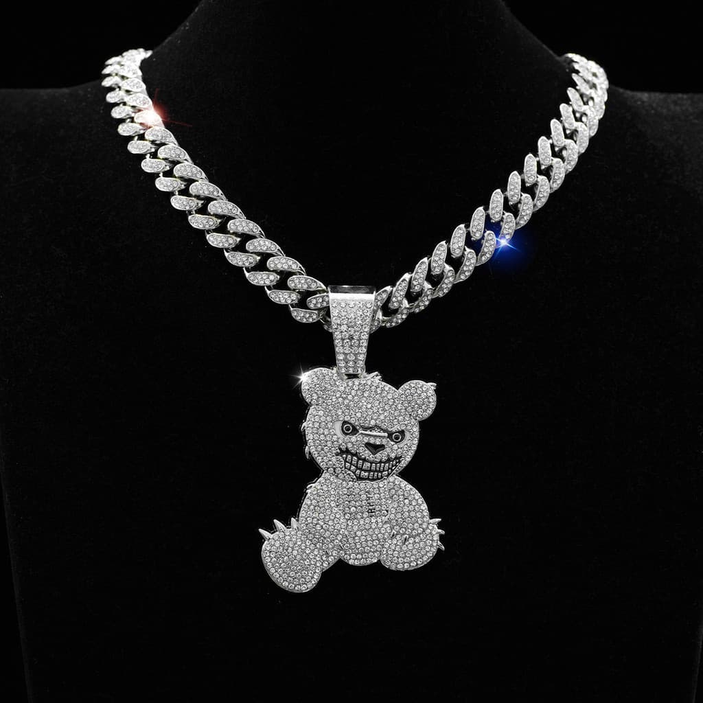 Novo Colar Cubano com Pingente de Urso Grin com Corrente Cravejada de Cristais, Estilo Europeu e Americano, Acessórios d