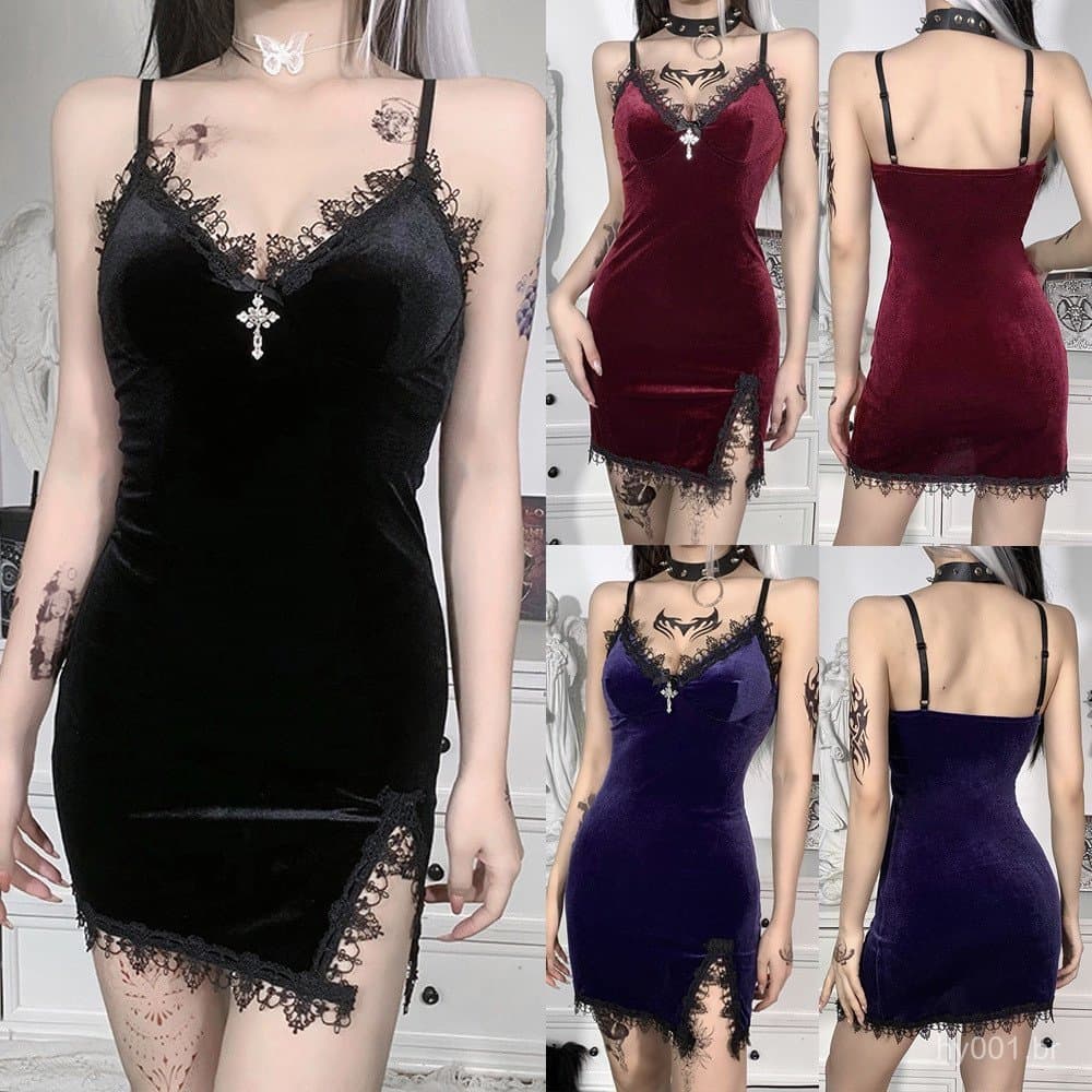 Vestido Feminino Gótico de Veludo com Alças de Renda MINI Bodycon Lolita para Festa de Halloween KKCA
