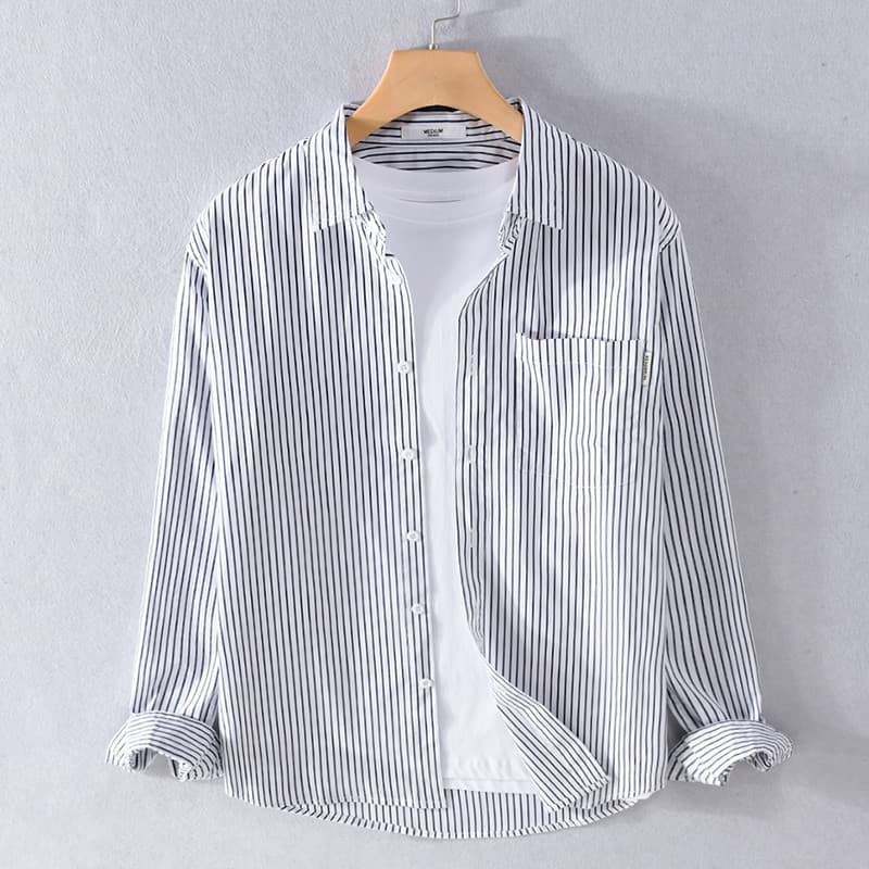 Primavera outono masculino Casual listrado camisa de manga comprida literária juventude camisa masculina japonês simples