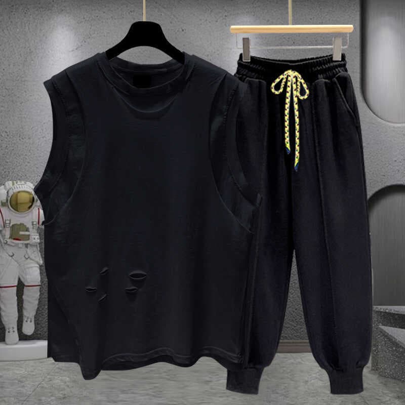 Falso de duas peças sem mangas camiseta terno masculino verão na moda costura buraco Design Casual All-Match colete Loo