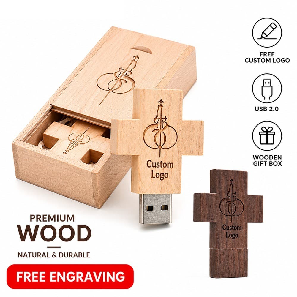 Cruz De Madeira USB 2.0 Flash Drive Logotipo Personalizado Gravação Gratuita Caixa De Presente 4GB 8GB 16GB 32GB 64GB 12