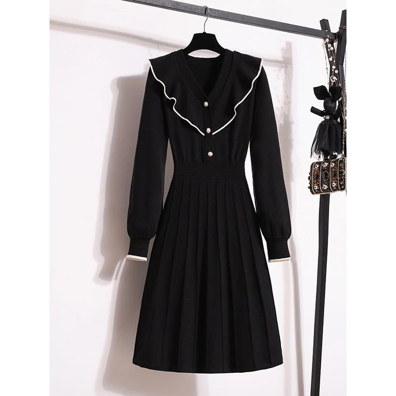 2026 novo estilo outono inverno babados com decote em V saia de malha preta Plus Size roupas femininas cintura estreita