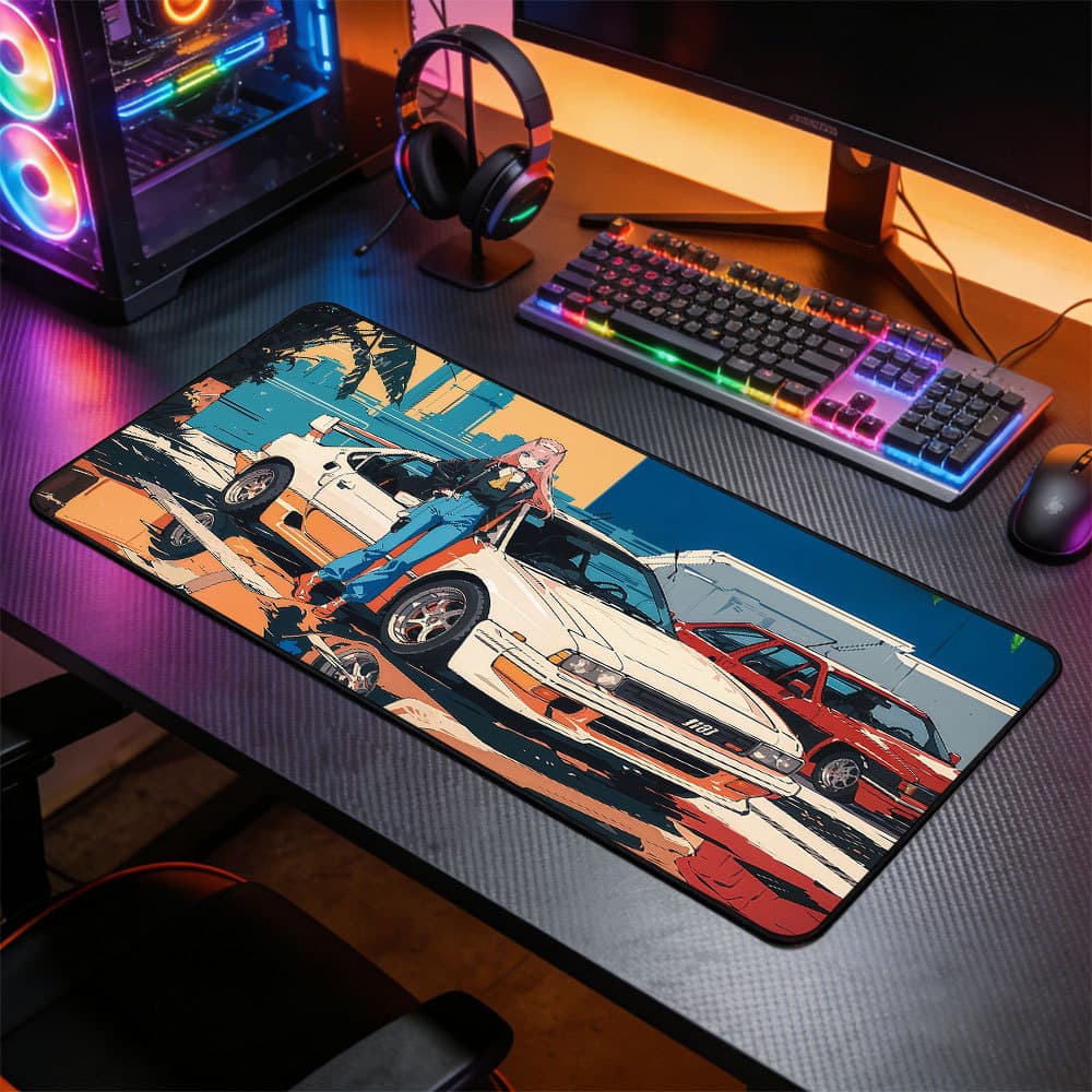 Mousepad Grande Veículo de Corrida Noturno com Efeitos de Luz Base Antiderrapante Alta Precisão para PC Notebook