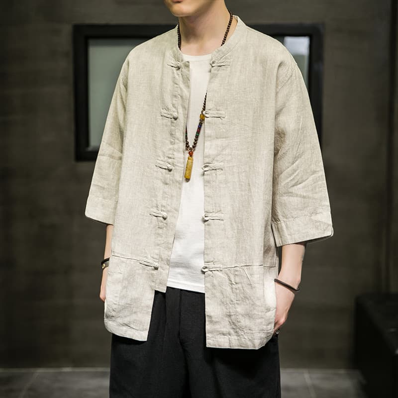 Camisa de linho masculina estilo chinês disco botão Tang terno Hanfu estilo fino verão novo estilo olhar colarinho meia