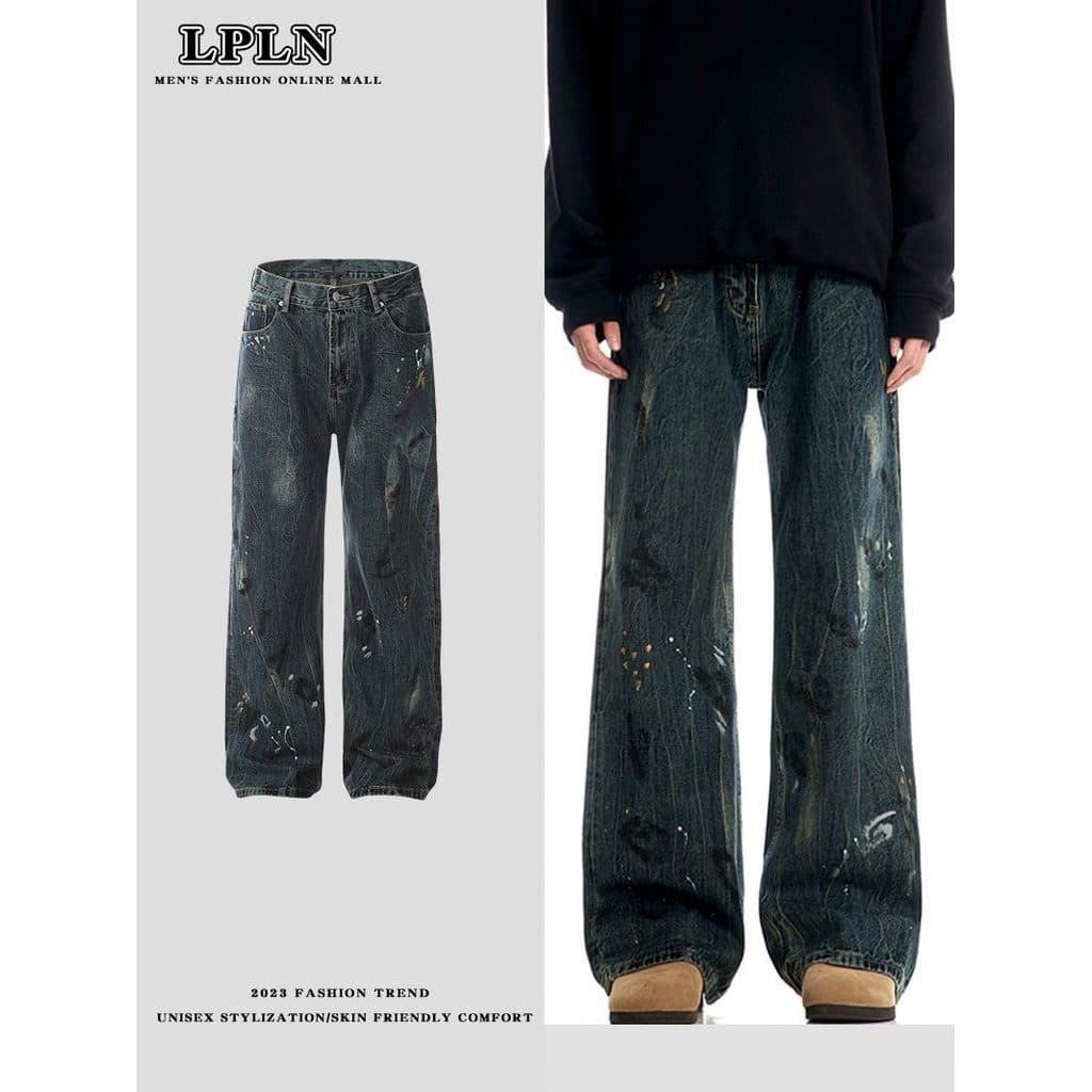 LPLN estilo americano Jeans retos feminino lavado angustiado Retro Design jato de tinta solto na moda calças de perna la