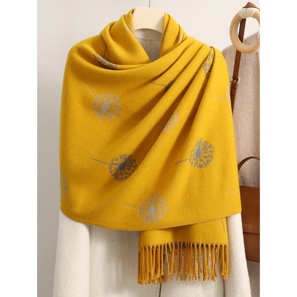 Cachecol de dente de leão feminino outono inverno All-Match à prova de frio imitação de caxemira amarelo engrossado xale