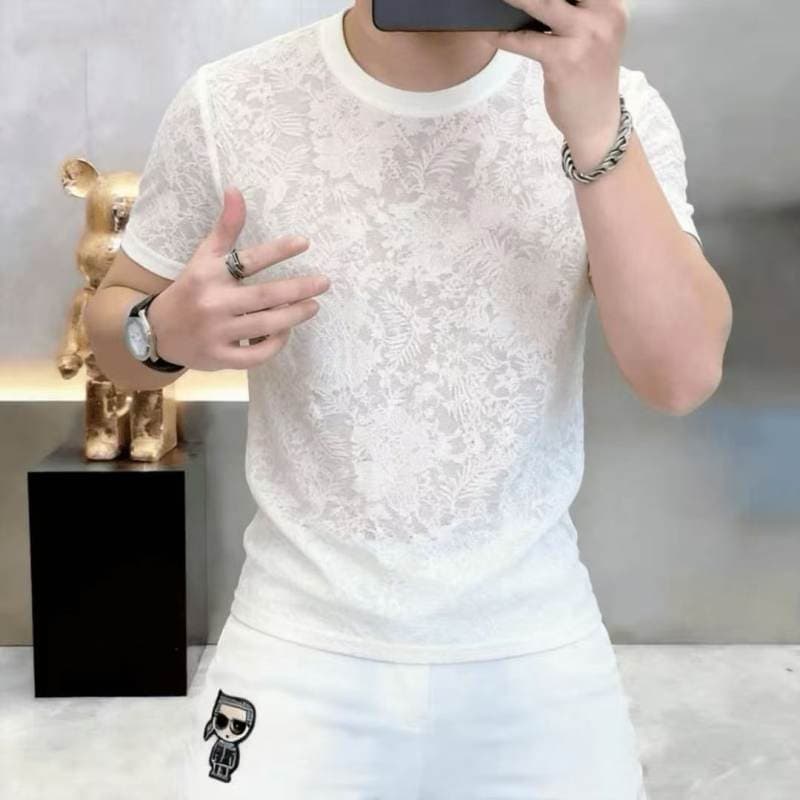 Camiseta masculina europeia de seda gelo oco de manga curta verão novo estilo Jacquard estiramento fino meia manga magro