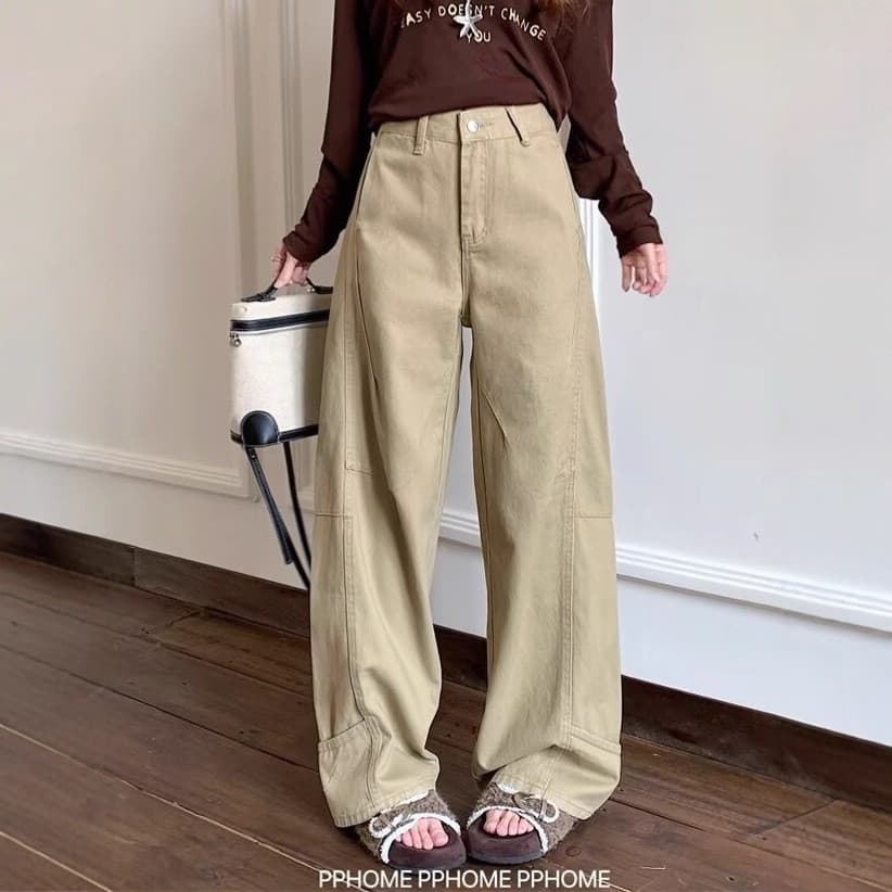 Calças jeans de trabalho femininas em cor cáqui, estilo novo de outono, tamanho grande, corte solto para corpo em format