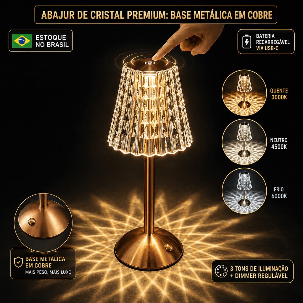 Abajur De Mesa Cristal Luminaria Cabeceira LED Recarregavel Touch 3 Tons Regulavel Luxo Sem Fio Base Metalica USB C