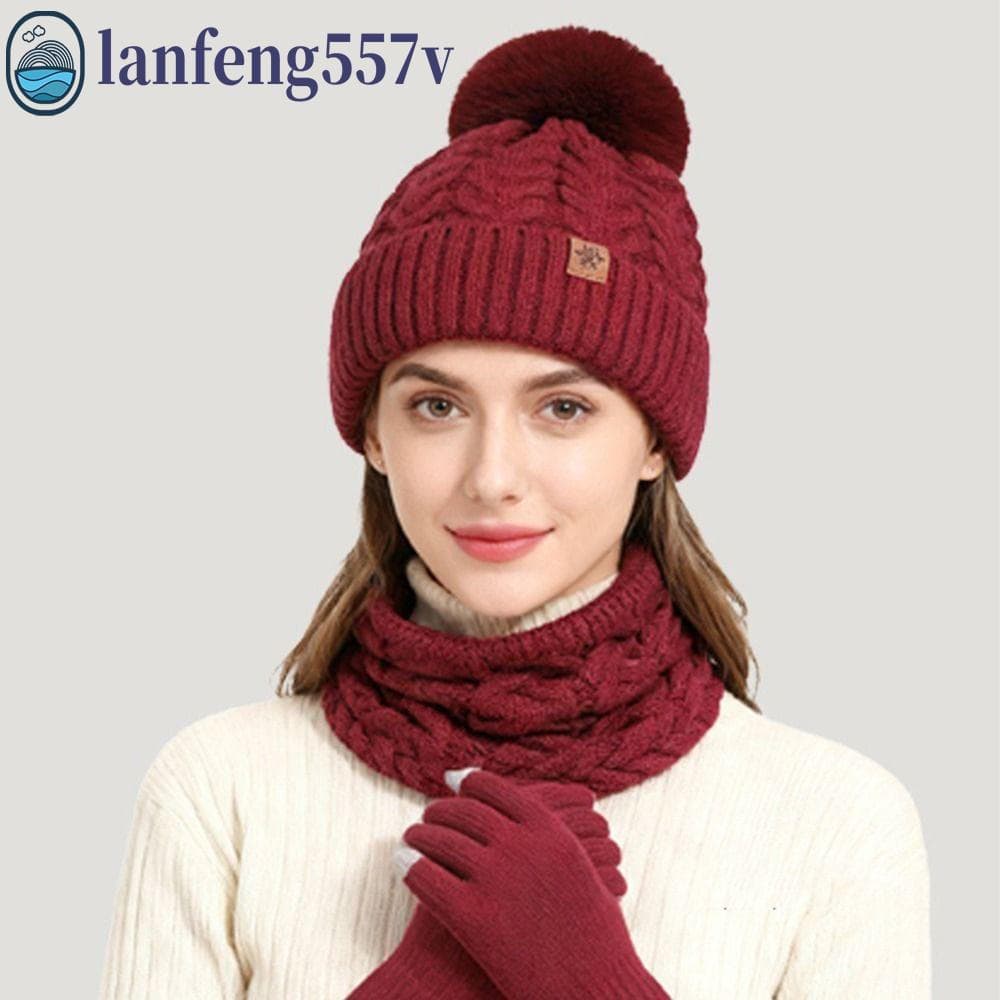 LANFENG Conjunto De Luvas E Cachecol Feminino , Gorros Térmicos Espessos Com Pompom , De Malha De Inverno À Prova De Fri
